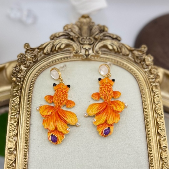 Statement Goldfish Earrings – Hand-Painted Enamel & Pearl Detail - Picture 1 of 10
